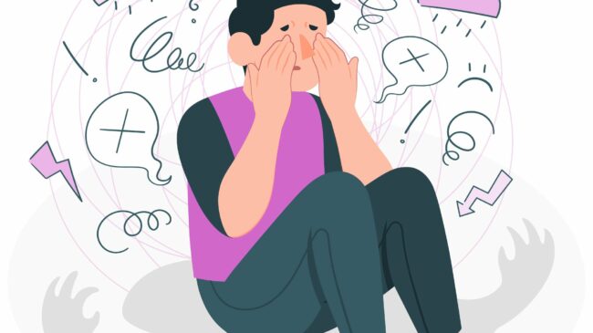 Panik.jpg Eine Person sitzt mit gesenktem Kopf und Händen im Gesicht, umgeben von wirren Gedanken und Symbolen von Stress.
