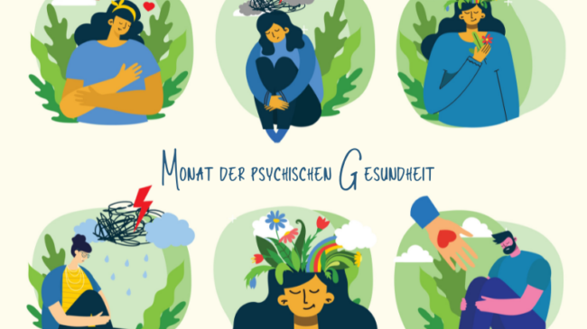 Illustration zum Monat der psychischen Gesundheit mit sechs Szenen, die emotionale Themen und Selbstfürsorge darstellen.