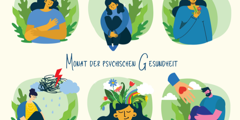Illustration zum Monat der psychischen Gesundheit mit sechs Szenen, die emotionale Themen und Selbstfürsorge darstellen.