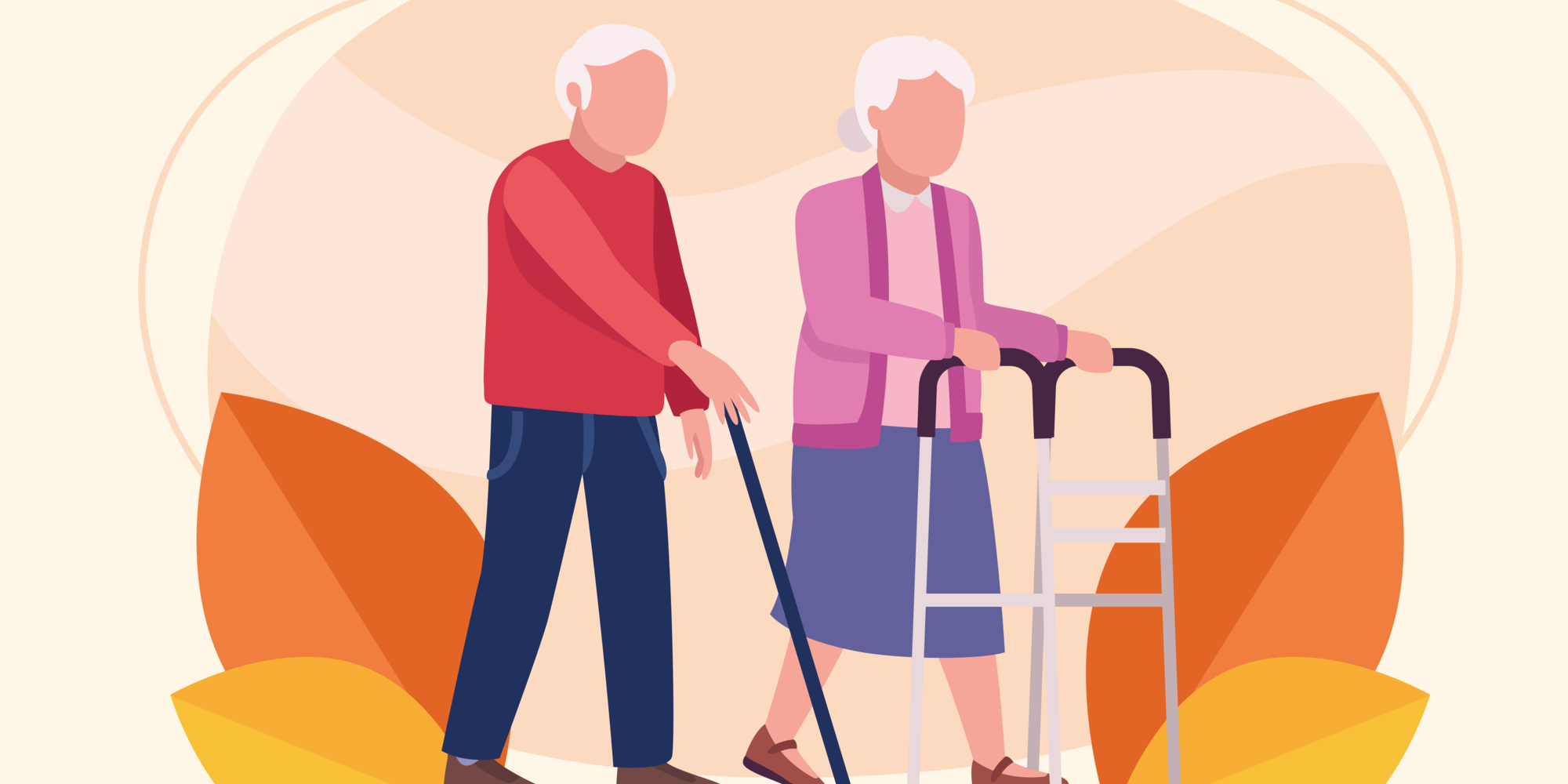 Ein älteres Paar geht zusammen, der Mann mit einem Gehstock und die Frau mit einem Rollator, umgeben von bunten Laubblättern.