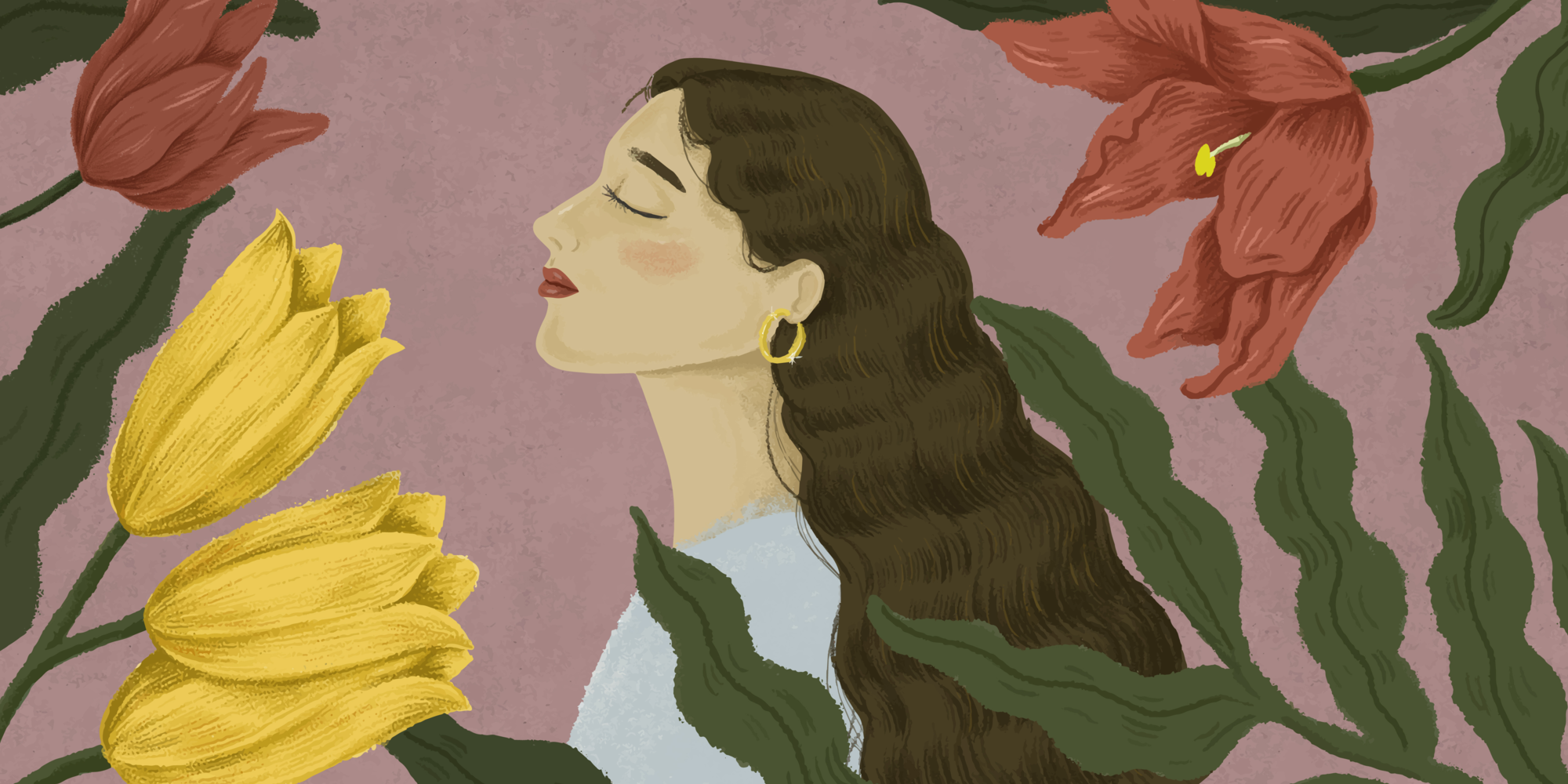 Zyklus_Immunsystem_Frau.png Eine Frau mit langen Haaren ist umgeben von bunten Blumen auf einem rosa Hintergrund.