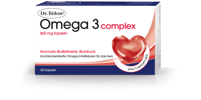 DrBoehm-omega3-complex.png Verpackung von Dr. Böhm Omega 3 complex Kapseln, zur Unterstützung normaler Blutwerte, mit Herzsymbol.