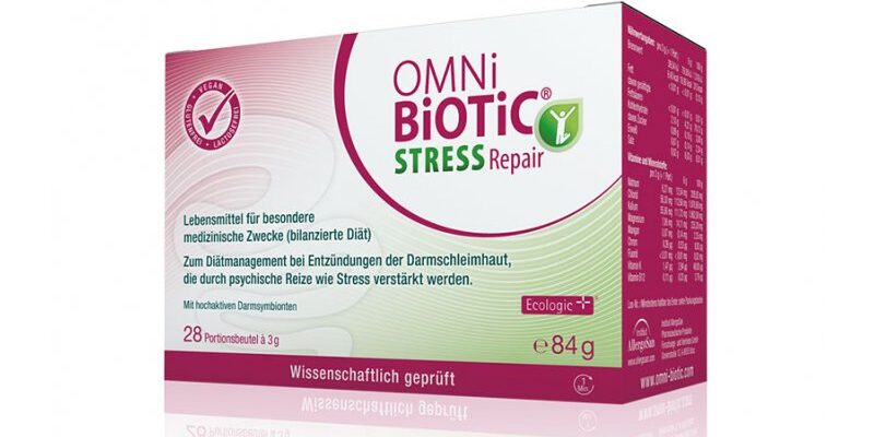 OmniBiotic_Stress_Repair.jpg Verpackung eines Nahrungsergänzungsmittels für den Stressabbau mit Darmbakterien, vegan, enthält 28 Portionen.