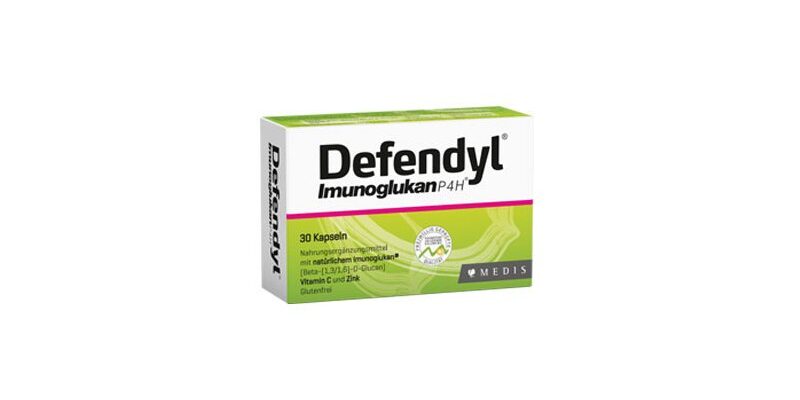Defendyl-imunoglukan-Kapseln.jpg Packung Defendyl Immunoglukans mit 30 Kapseln, enthält Vitamin C und Zink, glutenfrei, grüne und weiße Gestaltung.