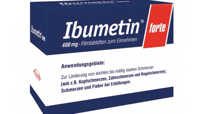 Verpackung mit Ibuprofen 400 mg in Filmtabletten, Anwendung: Linderung von leichten bis mäßig starken Schmerzen.