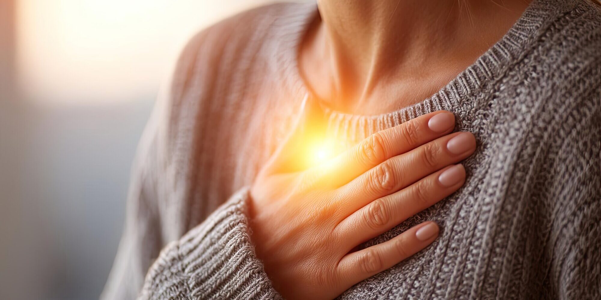 Eine Person in einem grauen Pullover legt die Hand auf ihr Herz, umgeben von warmem Licht.