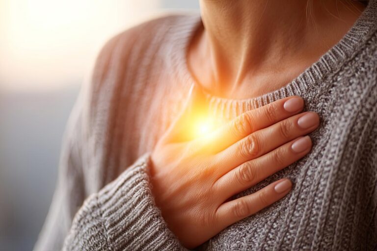 Eine Person in einem grauen Pullover legt die Hand auf ihr Herz, umgeben von warmem Licht.