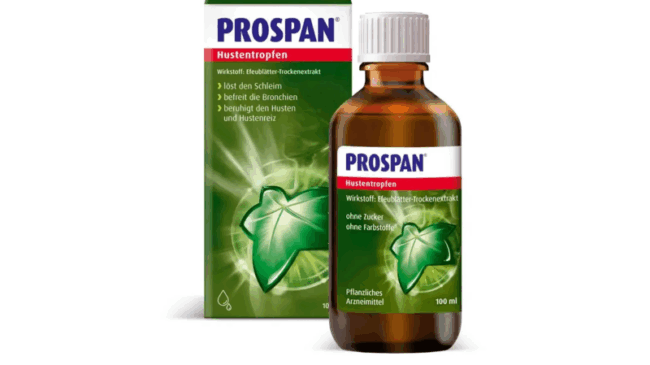 PROSPAN Hustentropfen in einer braunen Flasche neben der grünen Verpackung mit Efeublättern und Anwendungsinformationen.