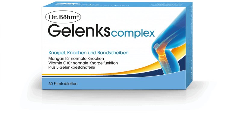 DrBoehm-Gelenks-complex-Filmtabletten.png Verpackung von Dr. Böhm Gelenkscomplex für Knorpel, Knochen und Bandscheiben mit 60 Filmtabletten.