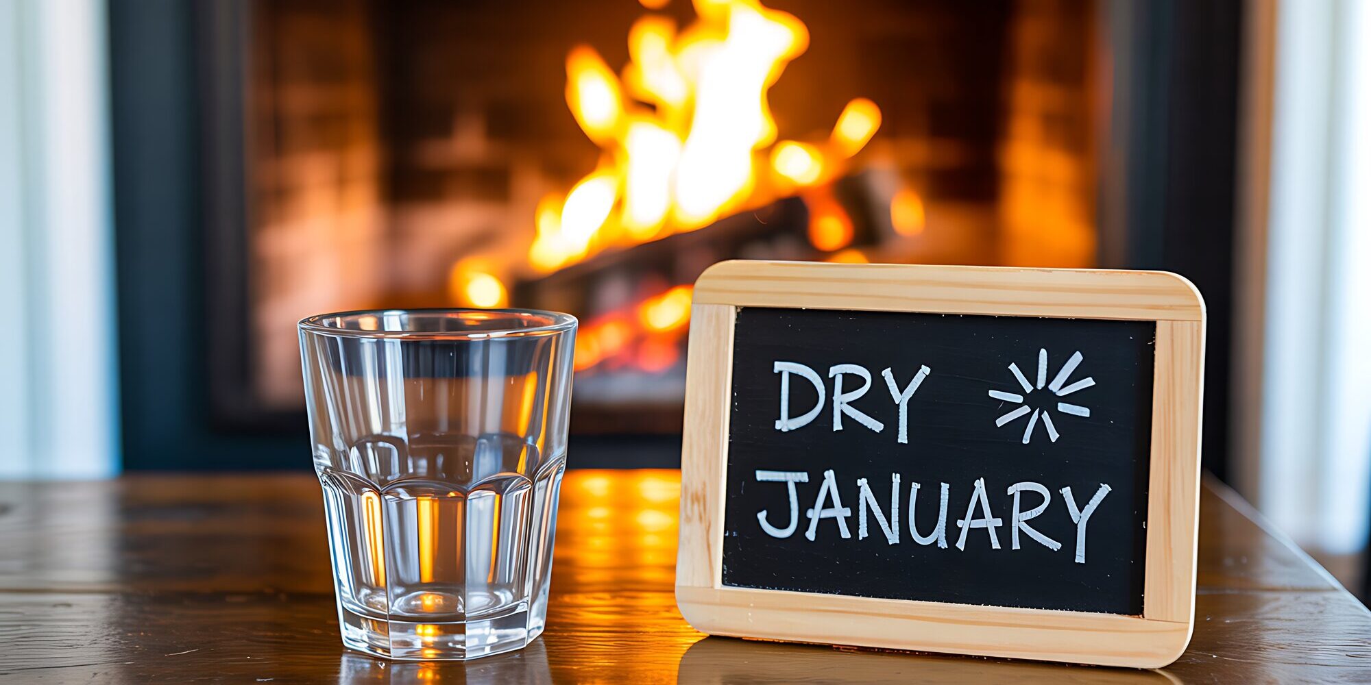 Ein Glas Wasser steht neben einer Tafel mit der Aufschrift 'DRY JANUARY' vor einem Kaminfeuer.