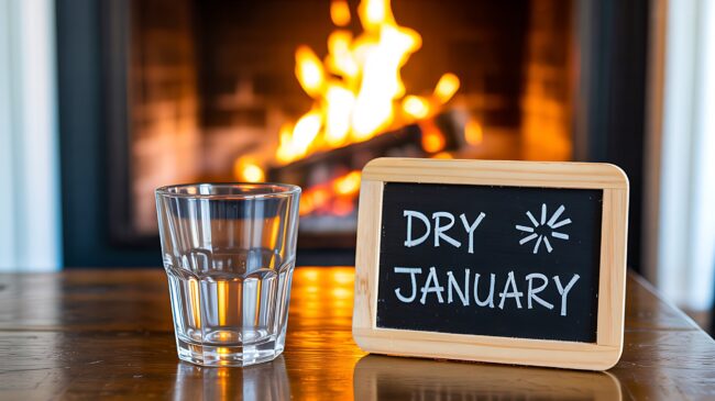 Ein Glas Wasser steht neben einer Tafel mit der Aufschrift 'DRY JANUARY' vor einem Kaminfeuer.