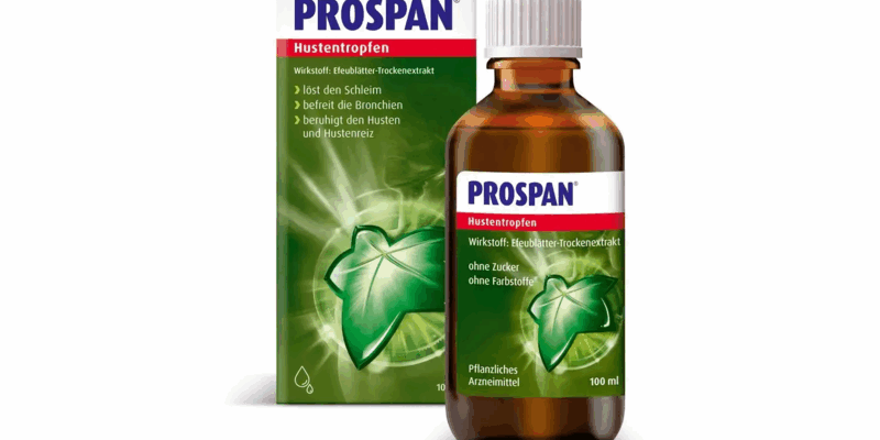 5543449_Prospan_Hustentropfen_100ml_2025.png PROSPAN Hustentropfen in einer braunen Flasche neben der grünen Verpackung mit Efeublättern und Anwendungsinformationen.