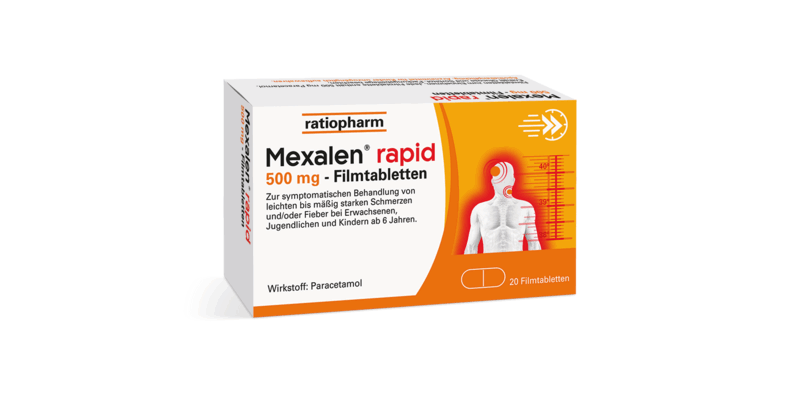 6052601_Mexalen_rapid_500mg.png Packung Mexalen rapid 500 mg Filmtabletten zur Behandlung von Schmerzen und Fieber, mit orangefarbenem Design.