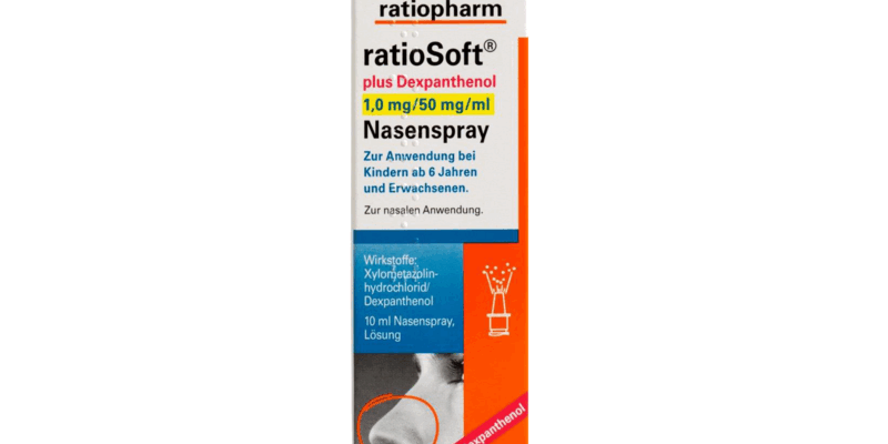 Verpackung eines Nasensprays von ratiopharm, enthält Dexpanthenol für Erwachsene und Kinder ab 6 Jahren zur nasalen Anwendung.