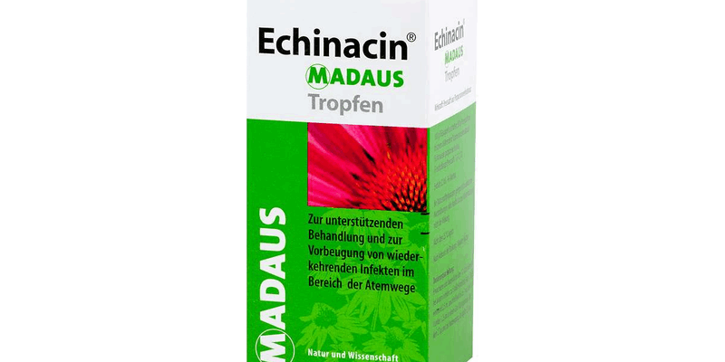Echinacin-Madaus-Tropfen-50ml.png Packung von Echinacin Madaus Tropfen mit grüner und weißer Gestaltung für Atemwegserkrankungen.