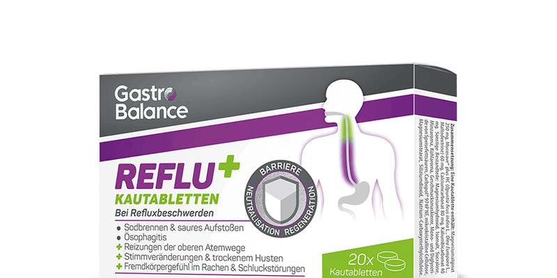 gastrobalance-reflu_-kautabletten-2025.png Verpackung von GastroBalance REFLU+ Kautabletten zur Linderung von Refluxbeschwerden, mit Hinweis auf Barriere und Neutralisation.