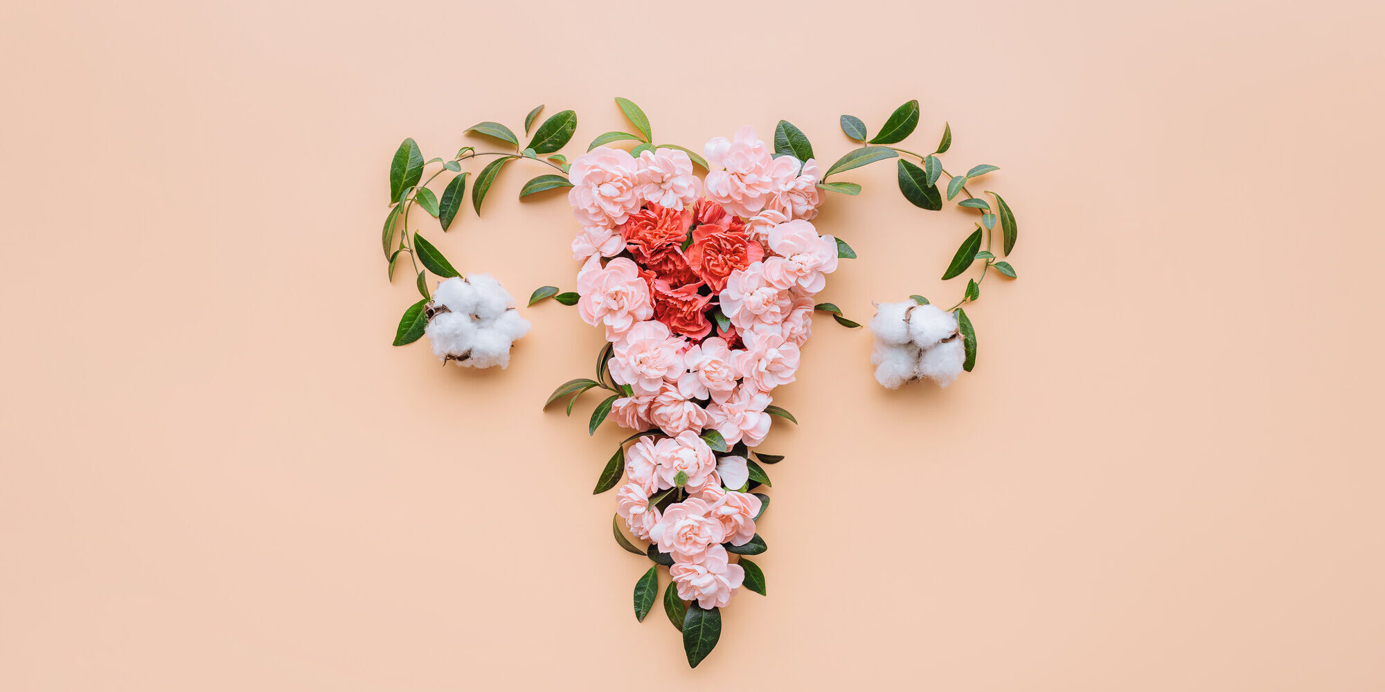 vaginaleGesundheit.jpeg Ein florales Arrangement in Herzform aus rosa Blumen und Baumwollblüten auf einem pfirsichfarbenen Hintergrund.
